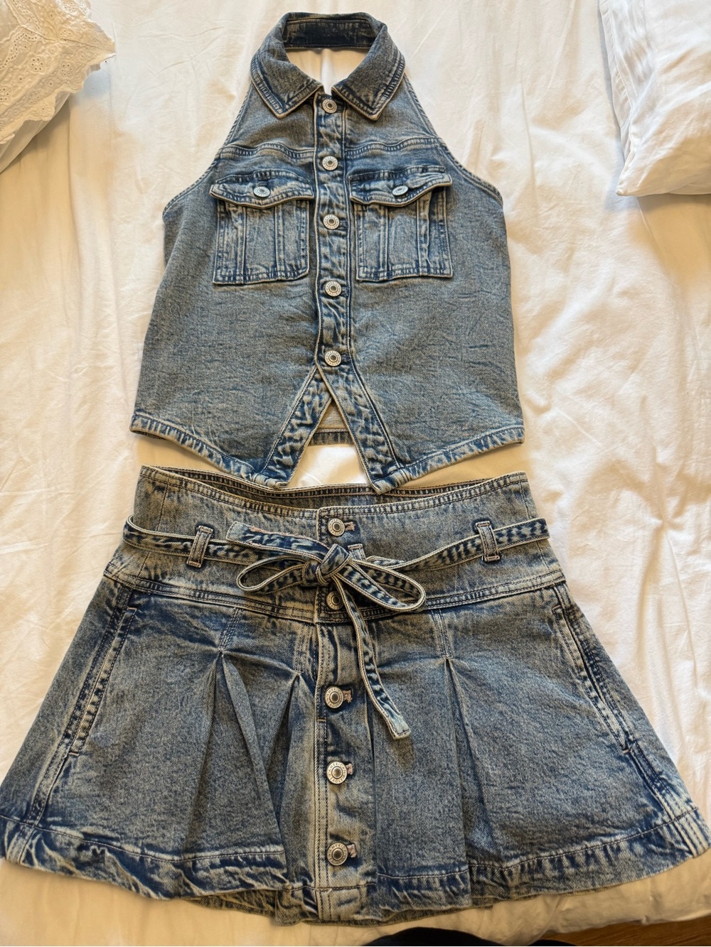 American Eagle Outfitters Light Wash Denim Halter Top and Skirt set
